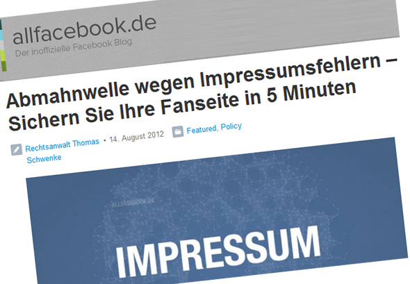 Impressumsfehler auf Facebook-Fanseiten – Abmahnwelle und 5-Min-Abhilfe
