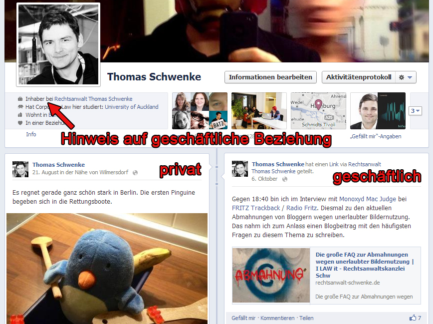 Abmahnung wegen Schleichwerbung und Impressumspflicht bei persönlichen Facebook-Profilen
