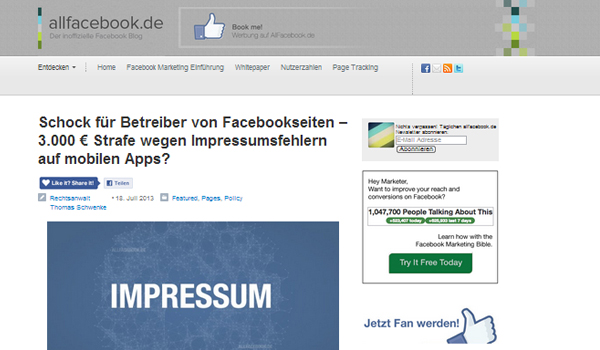 Impressum & Fanseiten – 3.000 € Vertragsstrafe wegen mobiler Facebook-Apps?