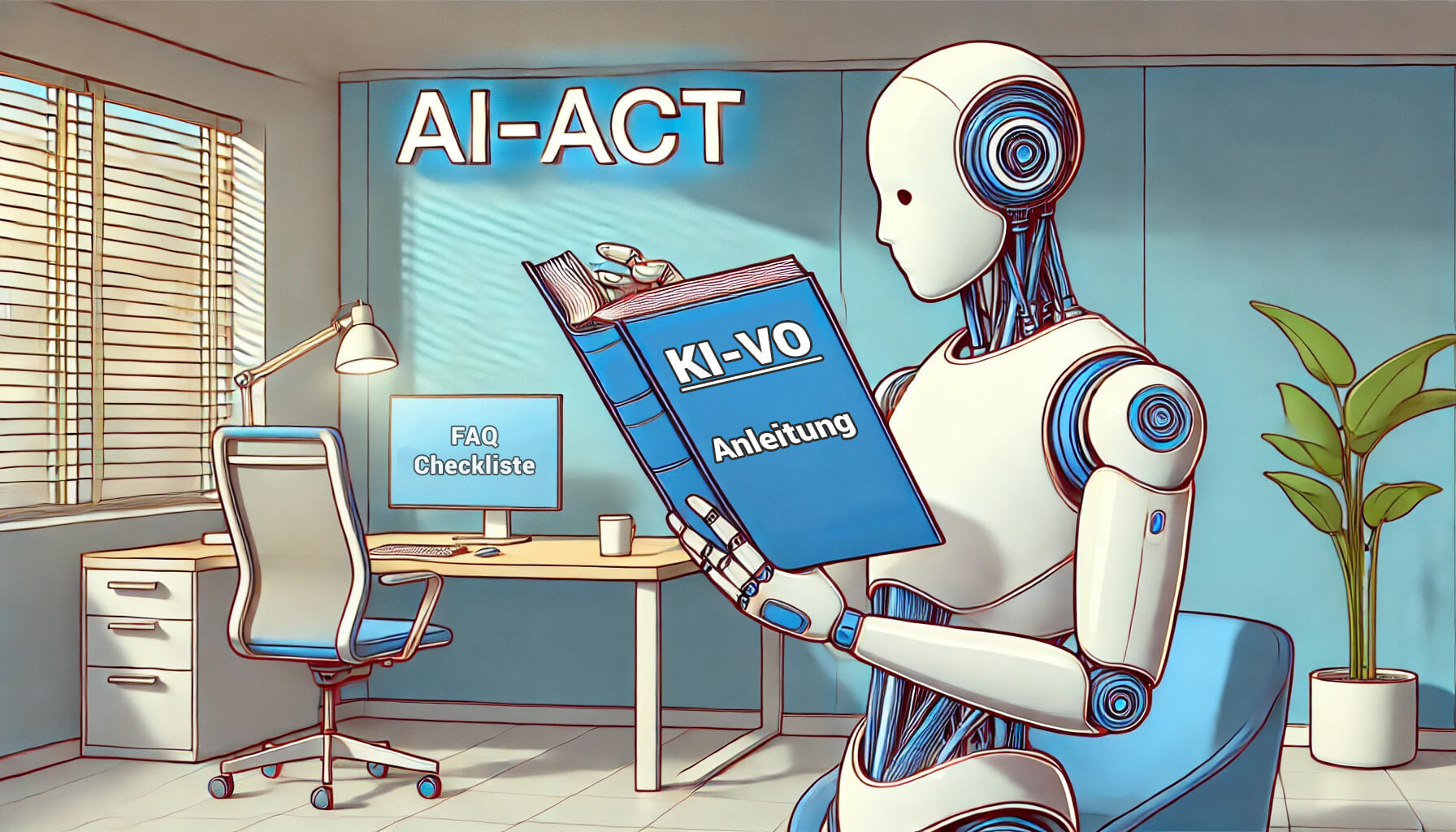 Ein Roboter liest ein Buch mit dem Titel KI-VO Anleitung in einem modernen Büro. Im Hintergrund ist ein Schreibtisch mit einem Computerbildschirm, auf dem FAQ Checklist steht. Auf der Wand ist der Schriftzug AI-ACT zu sehen.