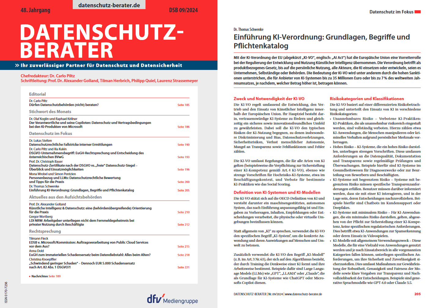 Zwei Seiten eines Fachmagazins mit dem Titel Datenschutz-Berater. Links oben der Titel der Ausgabe DSB 07/2024. Untertitel Ihr zuverlässiger Partner für Datenschutz und Datensicherheit. Hauptartikel von Dr. Thomas Schwenke: Einführung KI-Verordnung: Grundlagen, Begriffe und Pflichtenkatalog. Links eine Gliederung der Artikelinhalte mit verschiedenen Beiträgen und deren Autoren. Rechts der Artikeltext mit mehreren Abschnitten, die Begriffe der KI-Verordnung definieren und erklären: Zweck und Anwendungsbereich der KI-VO, Begriffe und Definitionen der KI-VO, Risikokategorisierung und daraus folgende Pflichten der Anwender, Anforderungen an die Entwickler von KI-Modellen. Im unteren Bereich das Logo der dfv Mediengruppe.