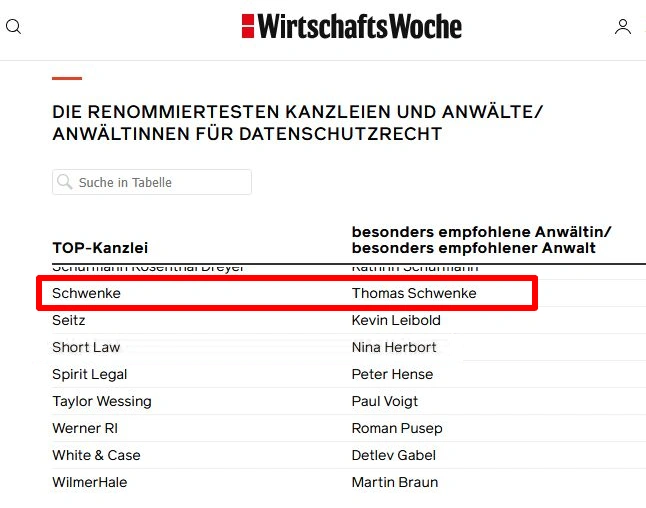 Liste von Kanzleien und empfohlenen Anwälten im Datenschutzrecht. Titel: Die renommiertesten Kanzleien und Anwältinnen/Anwälte für Datenschutzrecht. Hervorgehoben ist Schwenke mit dem Anwalt Thomas Schwenke. Weitere Kanzleien und Anwälte sind aufgelistet.