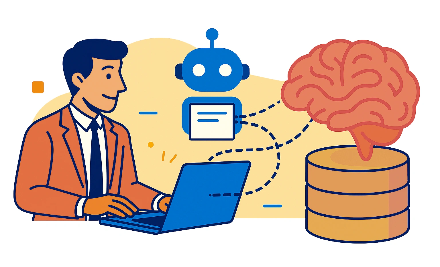 Ein Mann in einem Anzug sitzt vor einem Laptop. Links neben ihm befindet sich ein blaues Comic-Roboter, das Text auf einem Bildschirm anzeigt. Rechts davon ist eine Darstellung eines Gehirns über einem Datenbank-Symbol zu sehen.